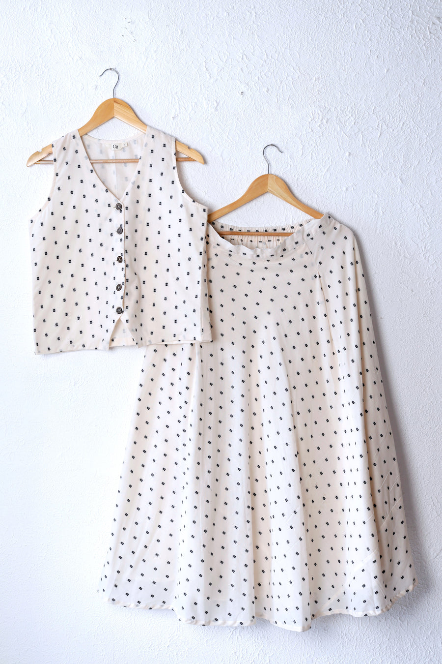 Beige and Black Woven Handloom Cotton Skirt Set