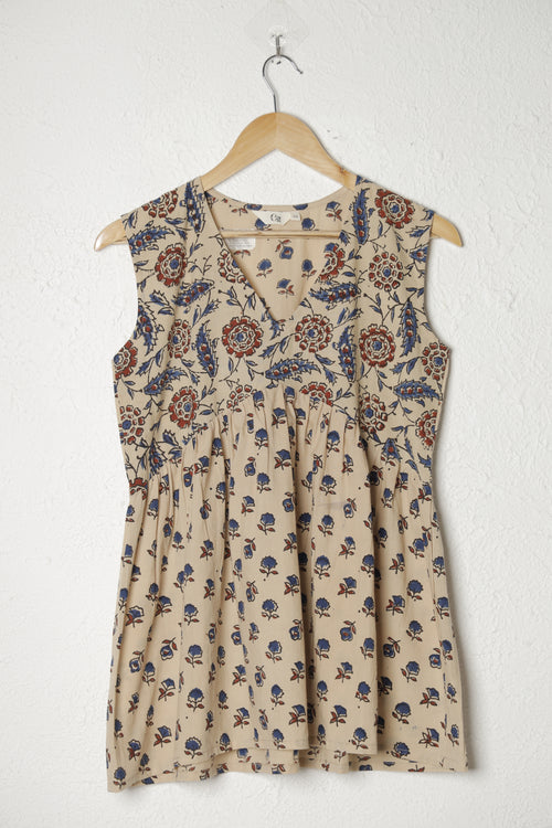 Beige and Blue Ajrak Block Print Cotton Peplum Top