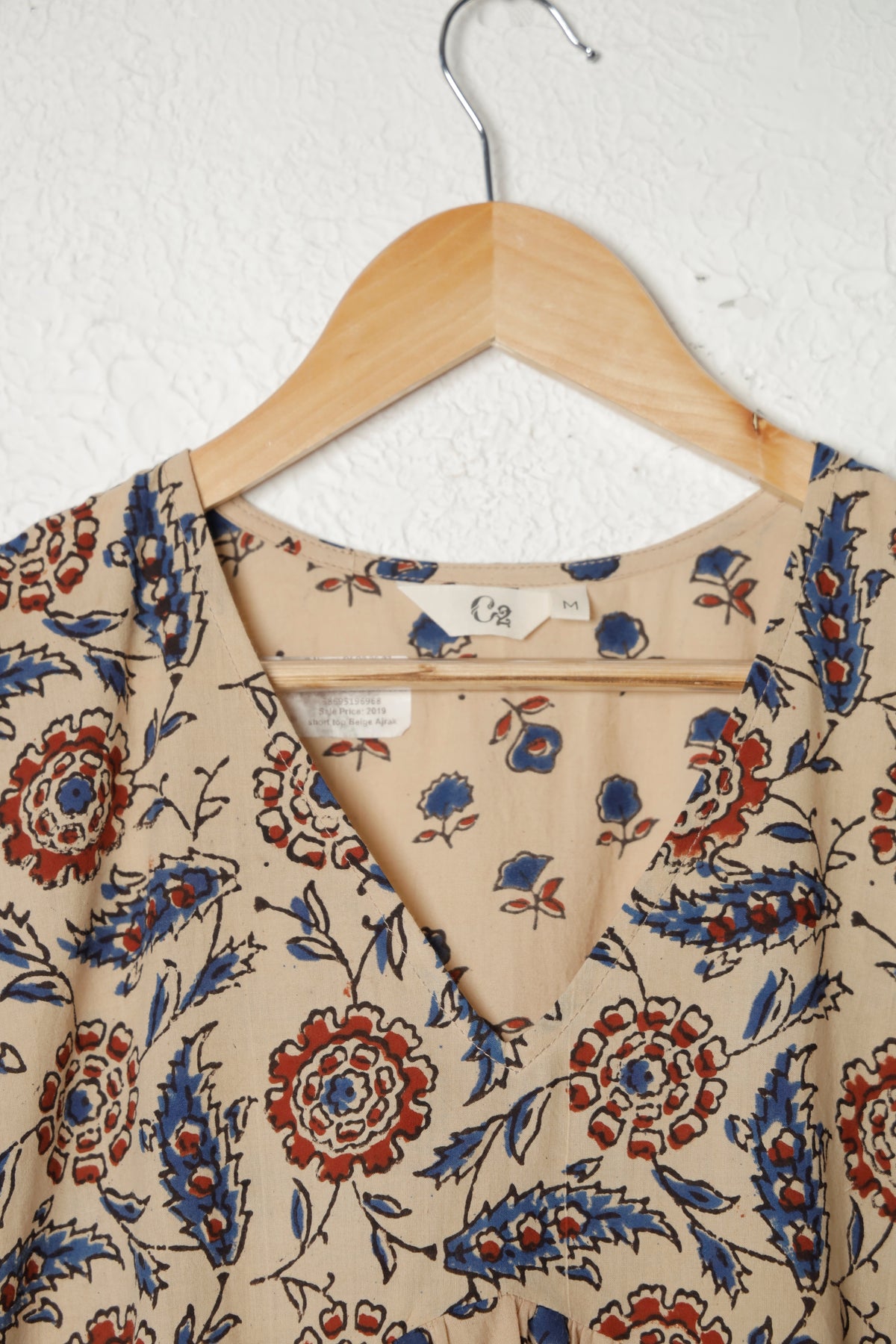 Beige and Blue Ajrak Block Print Cotton Peplum Top