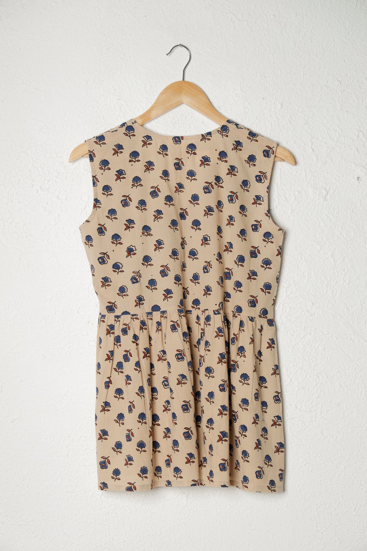 Beige and Blue Ajrak Block Print Cotton Peplum Top