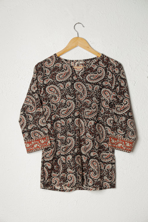 Black Printed Cotton Short Kurta