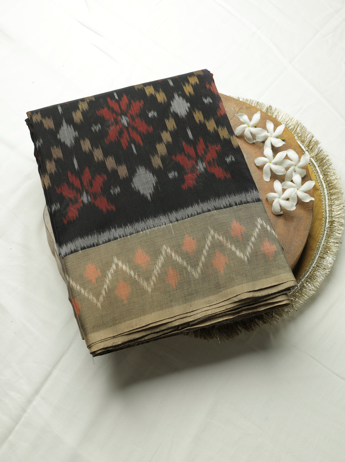 Black Ikat Weave Handloom Cotton Sari