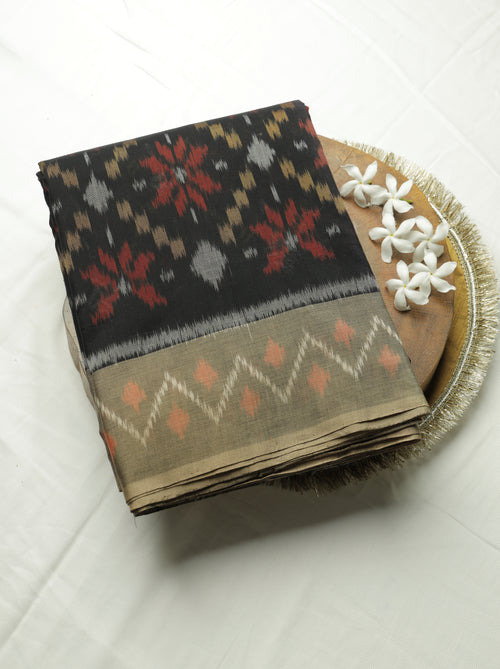 Black Ikat Weave Handloom Cotton Sari
