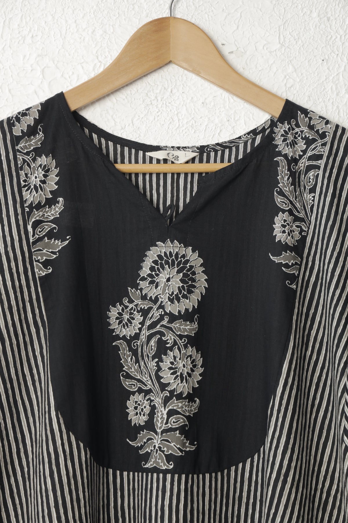 Black and Grey Striped Cotton Kurta Set with Block Printed Yoke