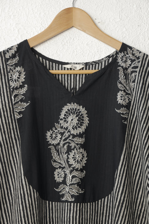 Black and Grey Striped Cotton Kurta Set with Block Printed Yoke
