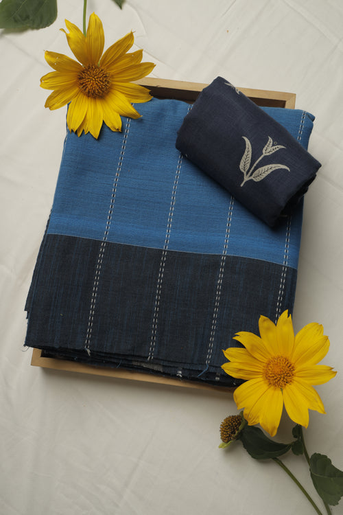 Blue and Black Bengal Cotton Handloom Khadi Sari