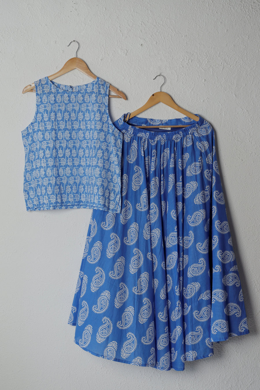Blue and White Printed Cotton Skirt Set