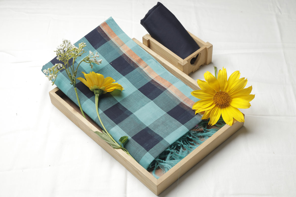Blue and Black Madras Checks Handloom Sari