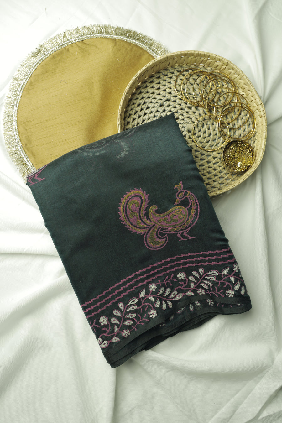 Bottle Green Peacock Print Chanderi Cotton Sari