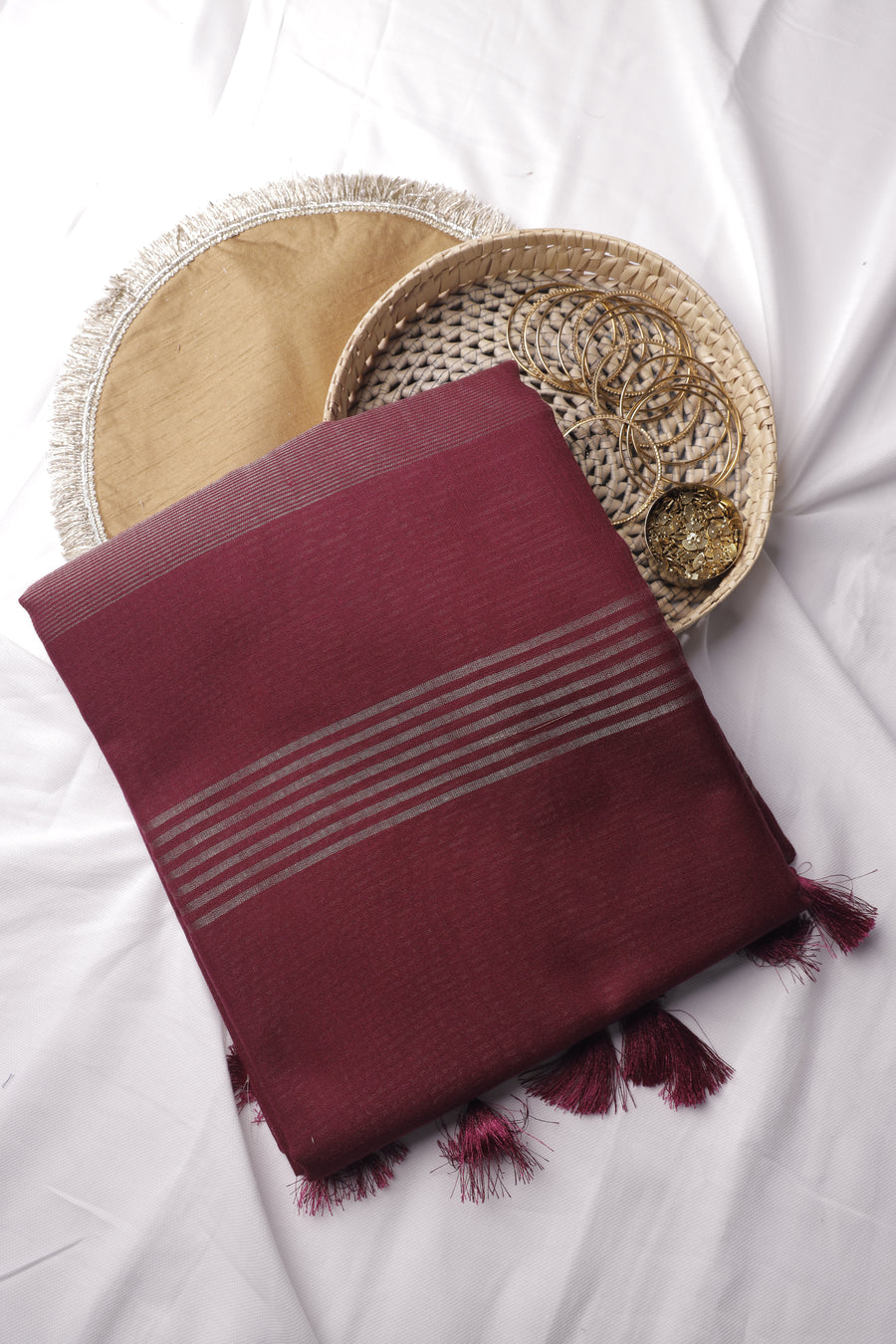 Burgundy Plain Linen Cotton Sari