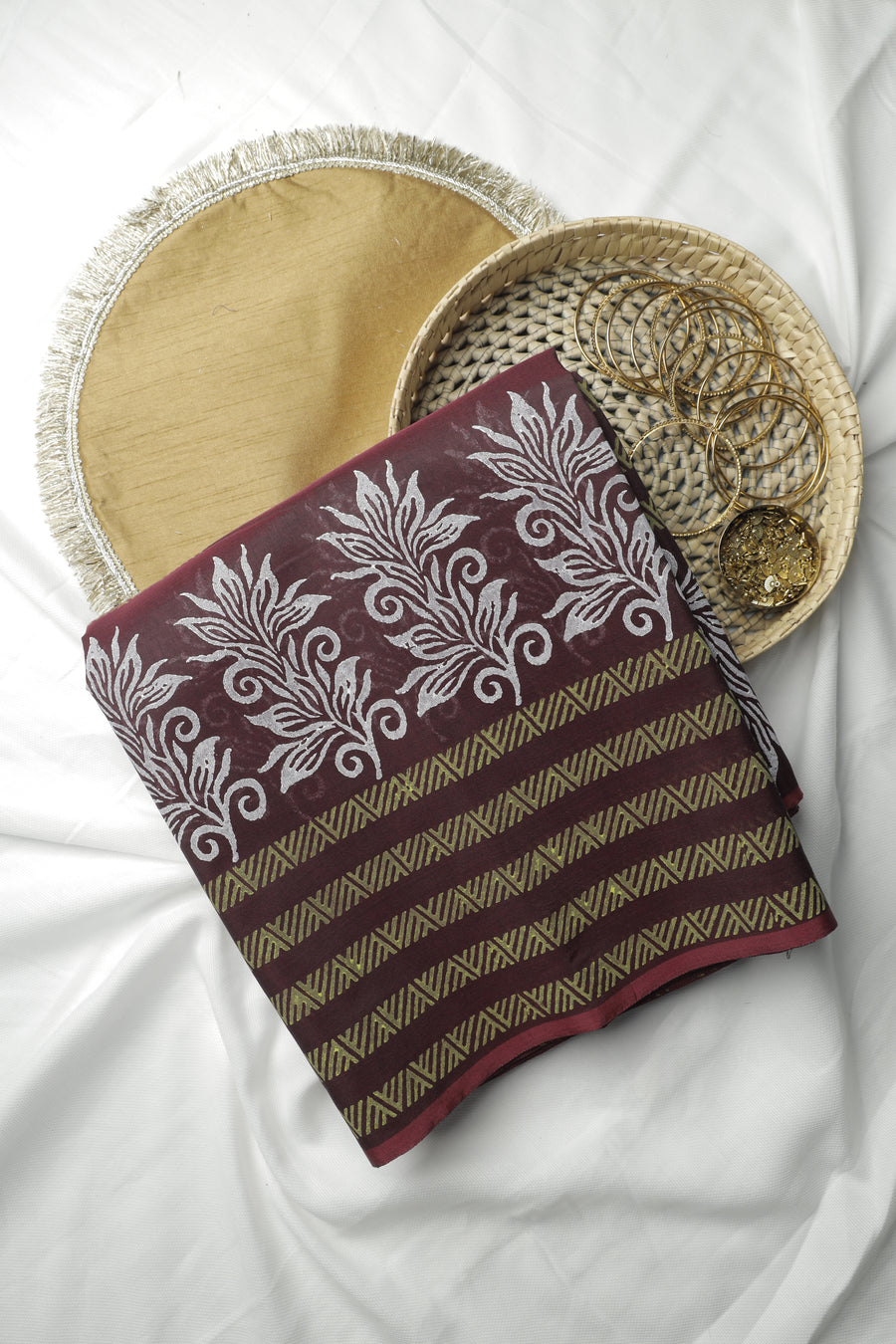 Chocolate Brown All-Over Print Chanderi Cotton Sari