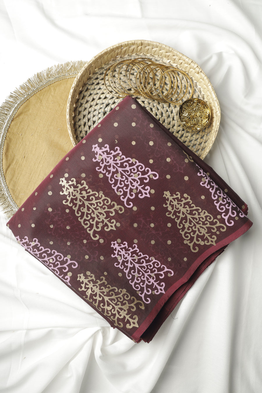 Chocolate Brown Polka Dot Chanderi Cotton Sari