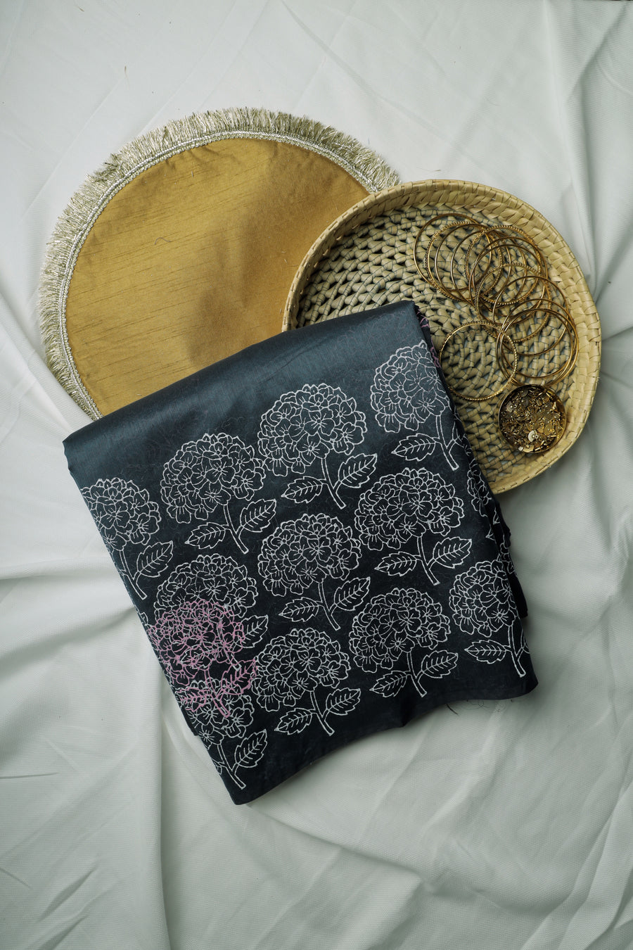 Dark Grey Floral Print Chanderi Cotton Sari