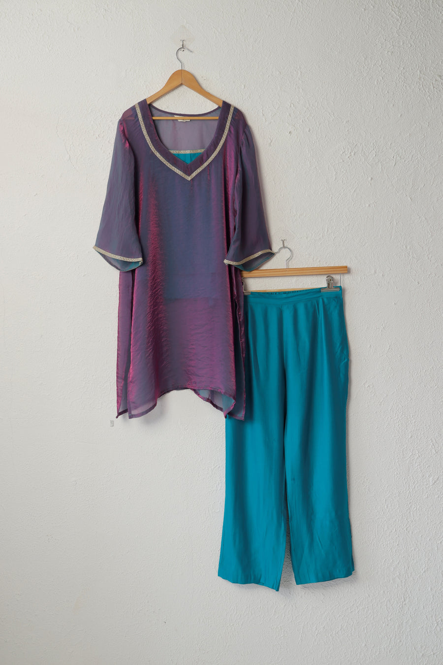 Dark Purple Fendi Chiffon Kurta Set with Lace Work