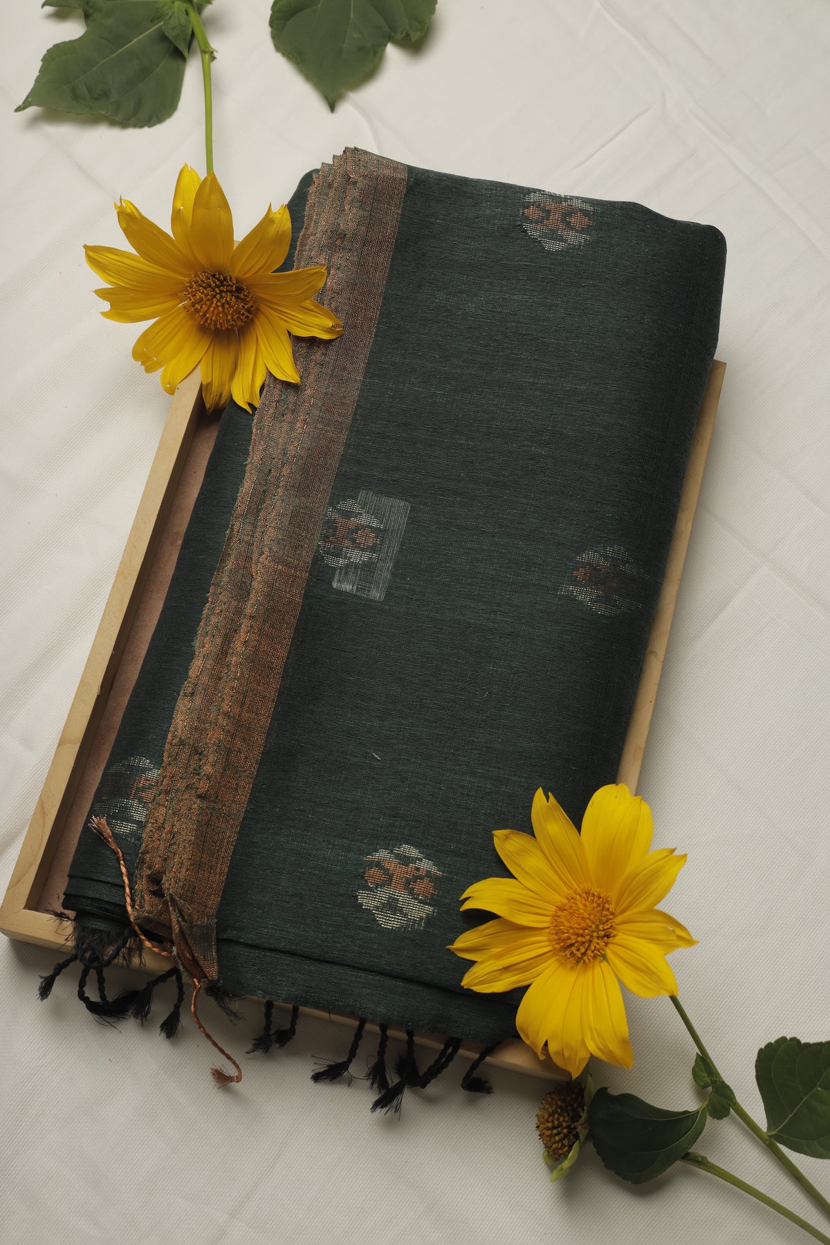 Dark Green Linen Cotton Handloom Sari