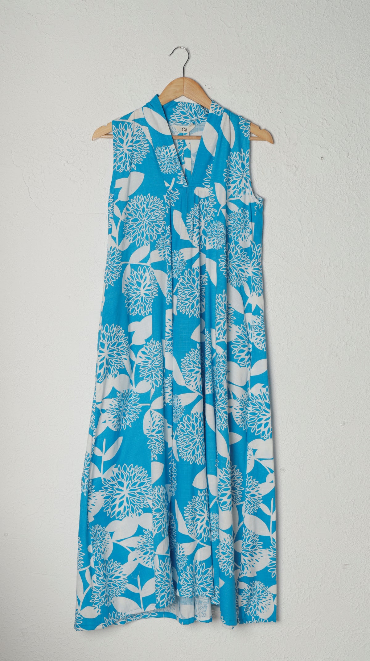 Ferozi Blue Sleeveless Floral Panel Cotton Dress