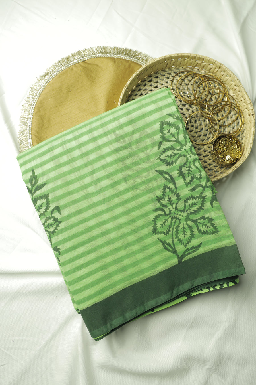 Fluorescent Parrot Green Line Print Chanderi Cotton Sari