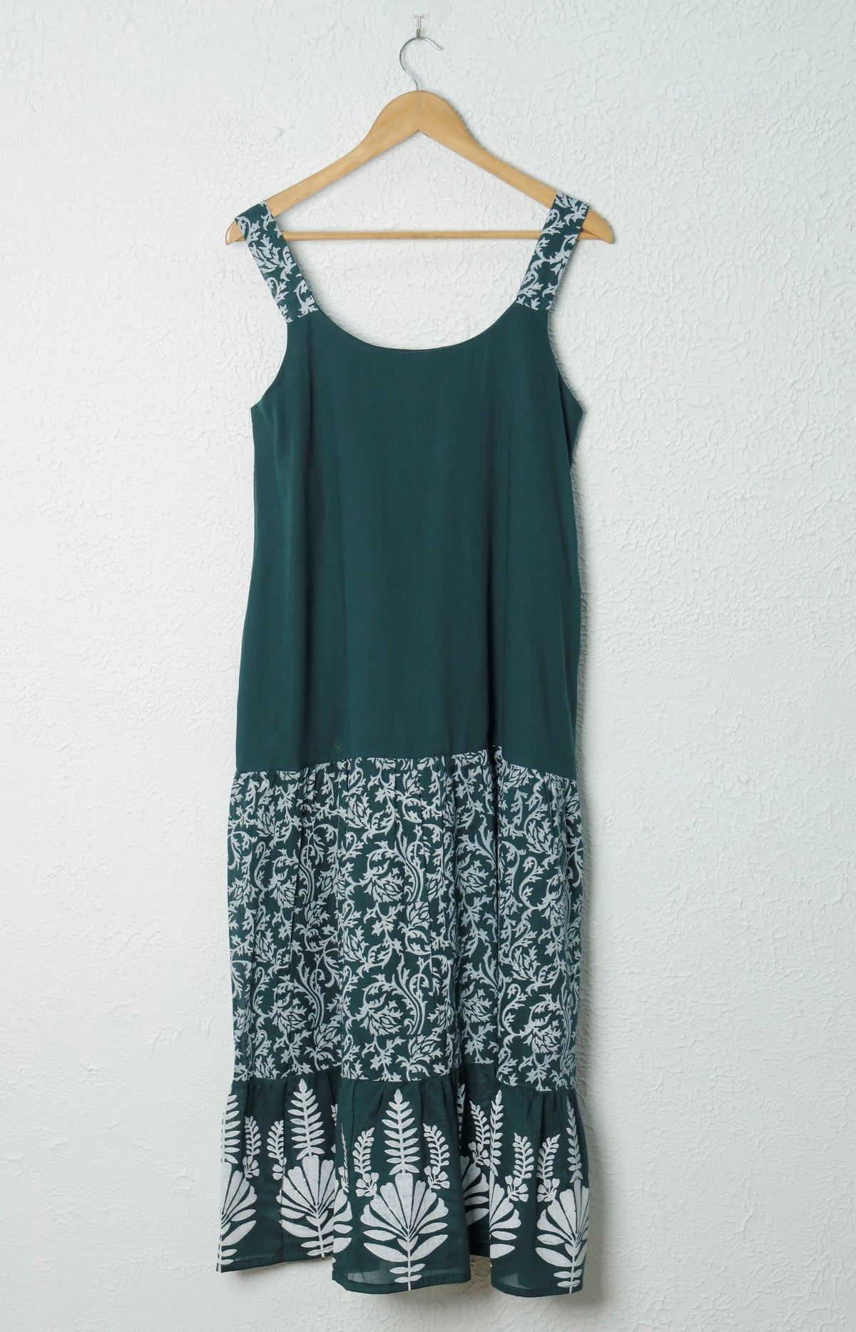 Green Sleeveless Hand Block Print A-Line Cotton Dress