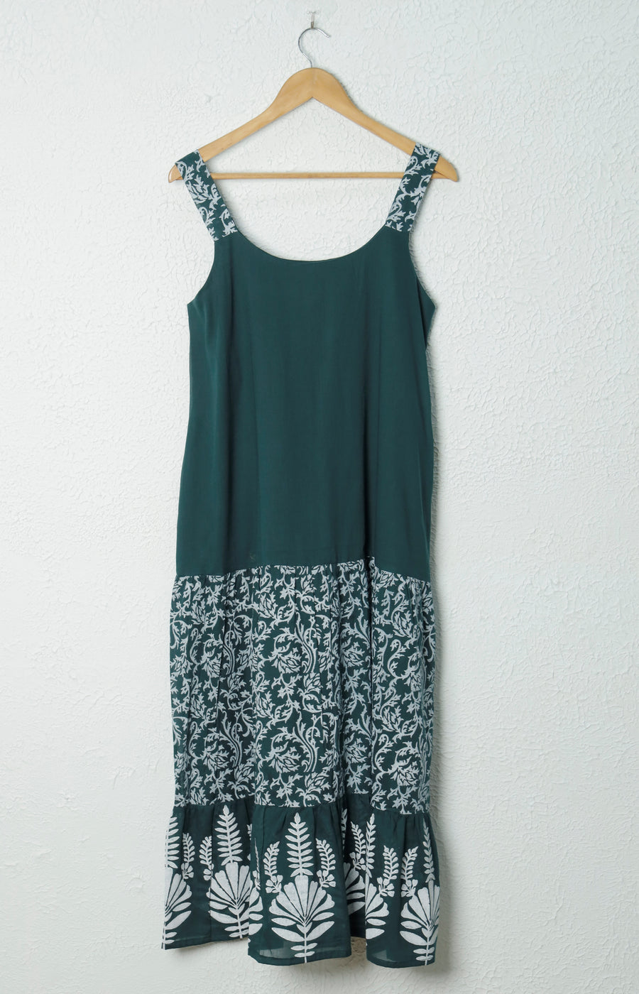 Green Sleeveless Hand Block Print A-Line Cotton Dress