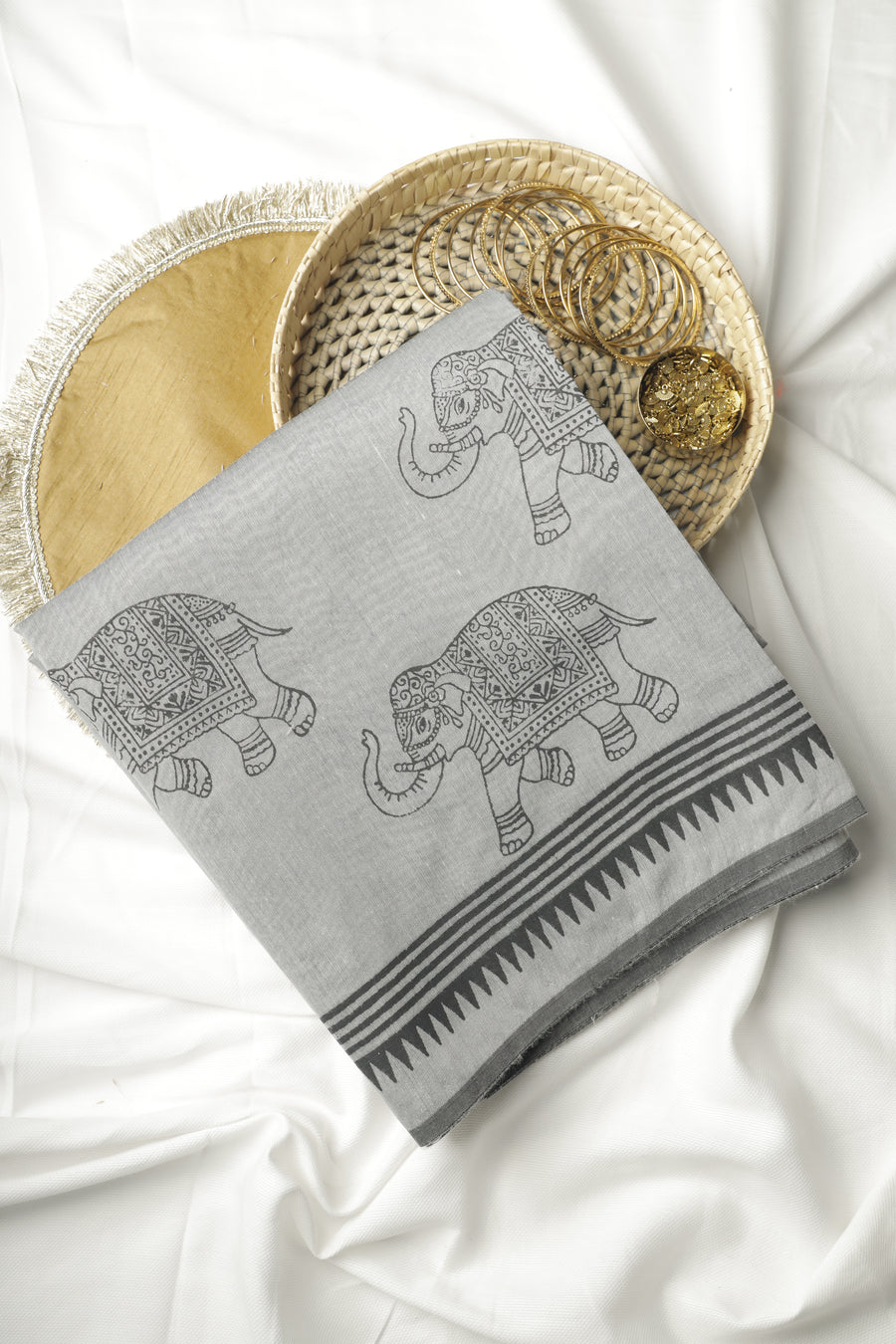 Grey and Black Elephant Print Chanderi Cotton Sari