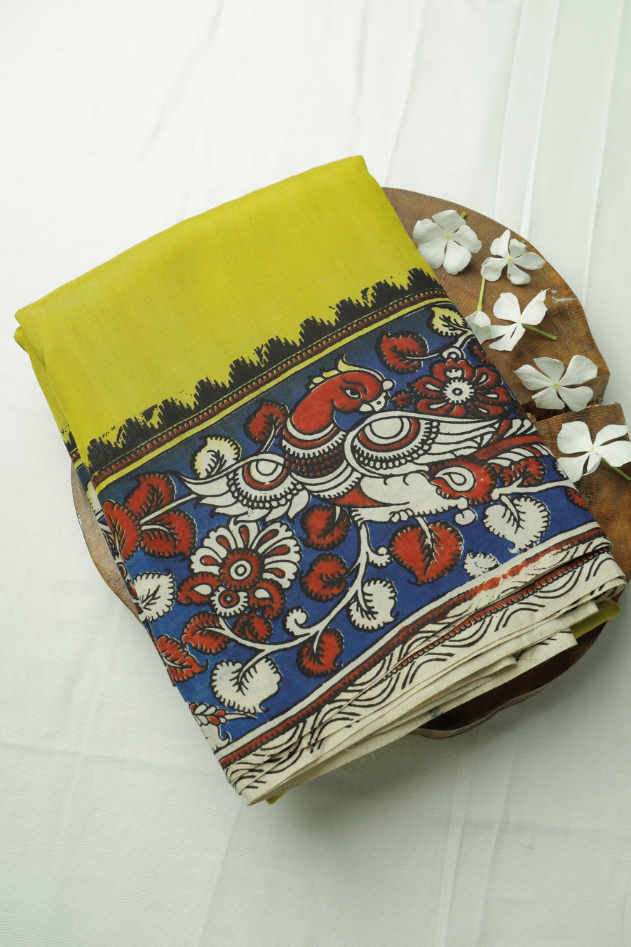 Lemon Yellow Silk Cotton Kalamkari Sari