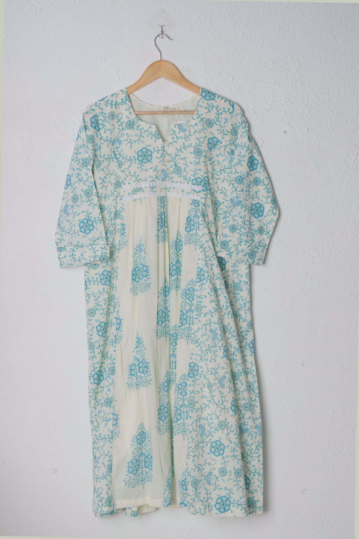 White and Blue Printed Panel Cotton Dress