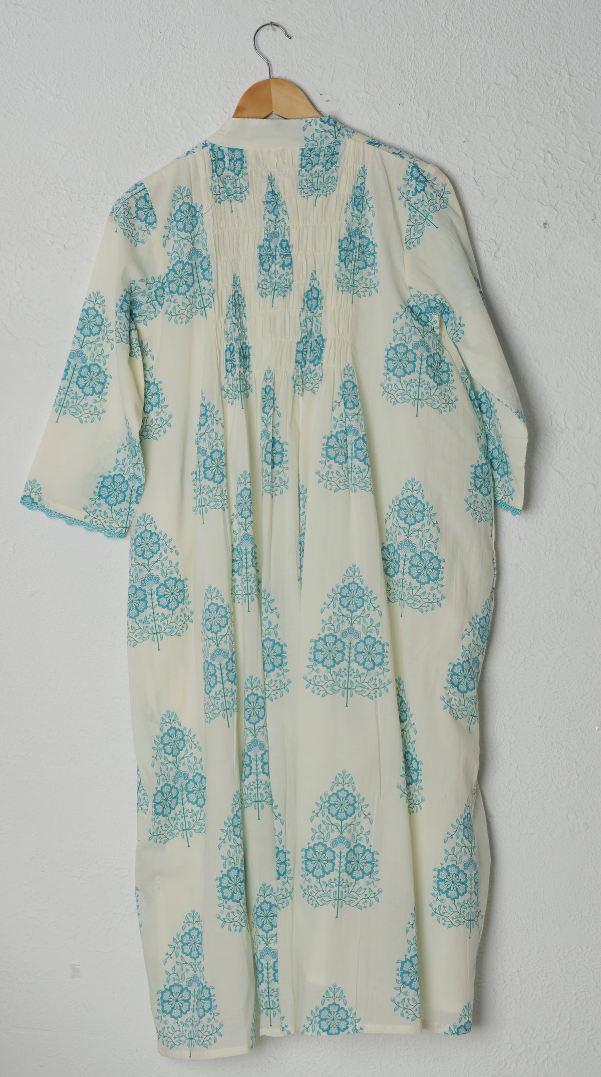 White and Blue Smocked Block Print Cotton Dress