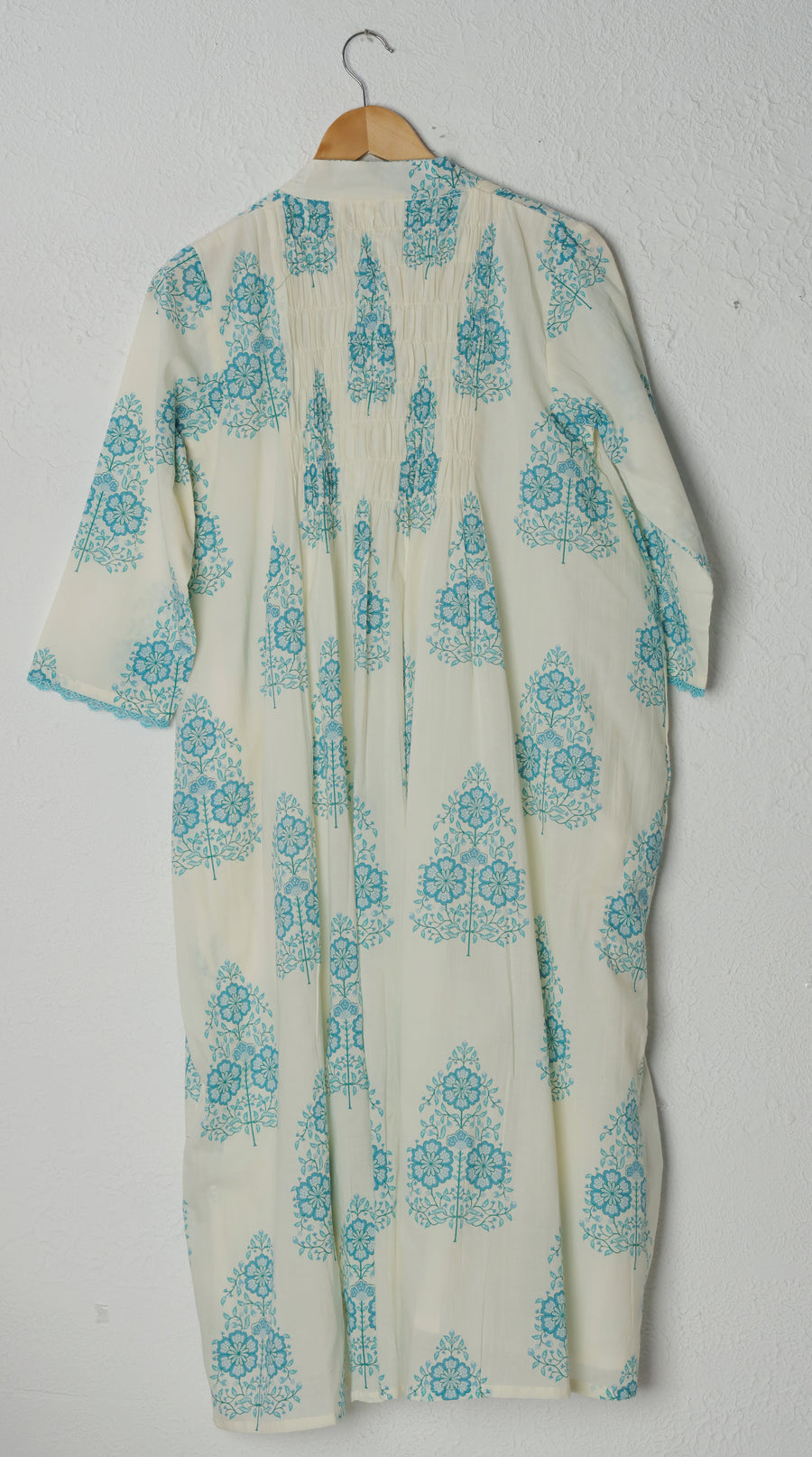 White and Blue Smocked Block Print Cotton Dress