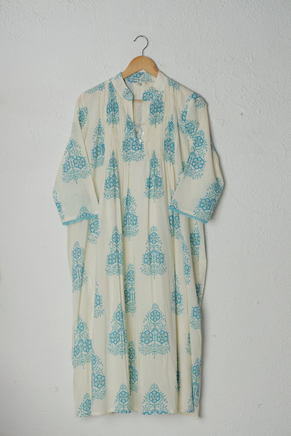 White and Blue Smocked Block Print Cotton Dress