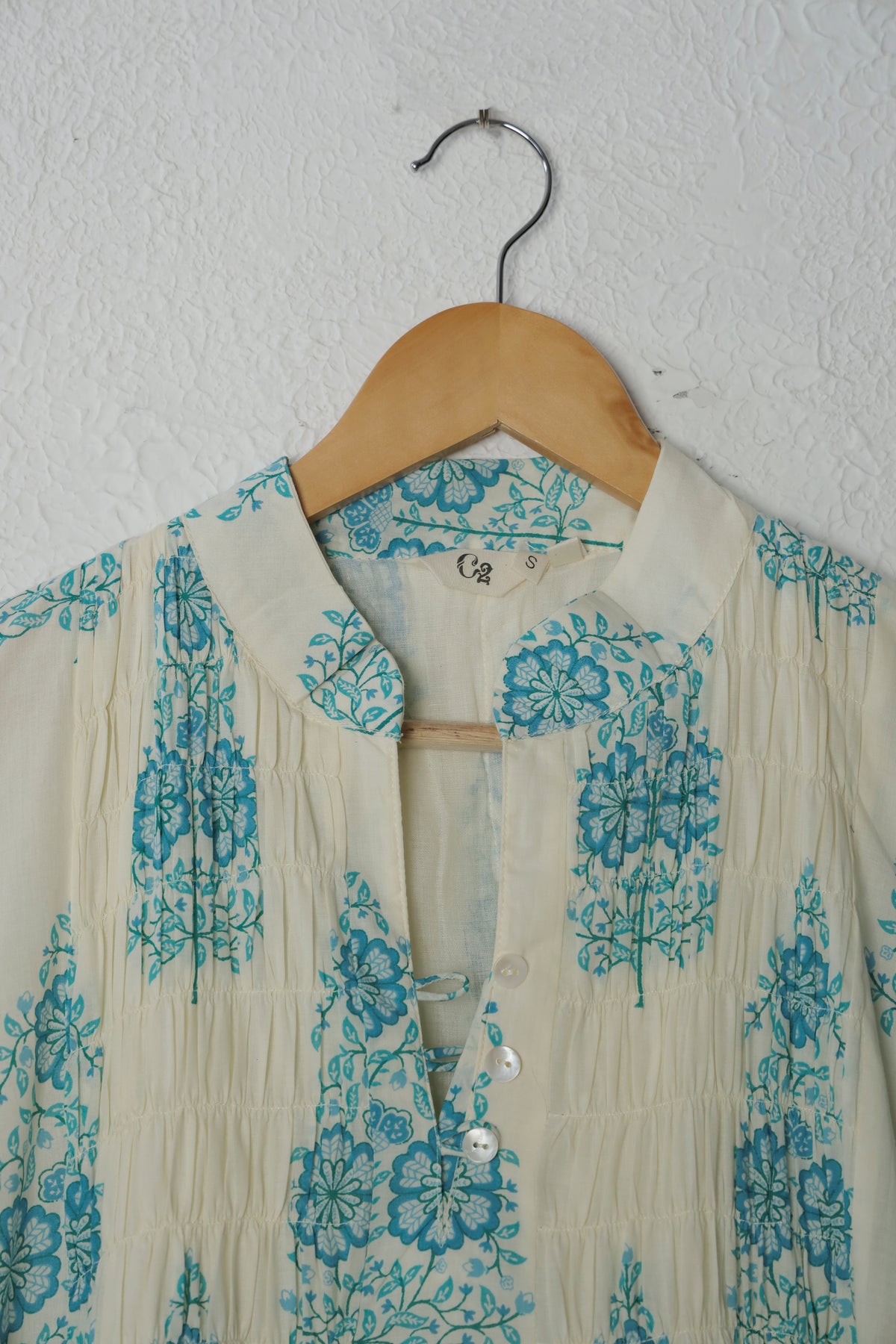 White and Blue Smocked Block Print Cotton Dress