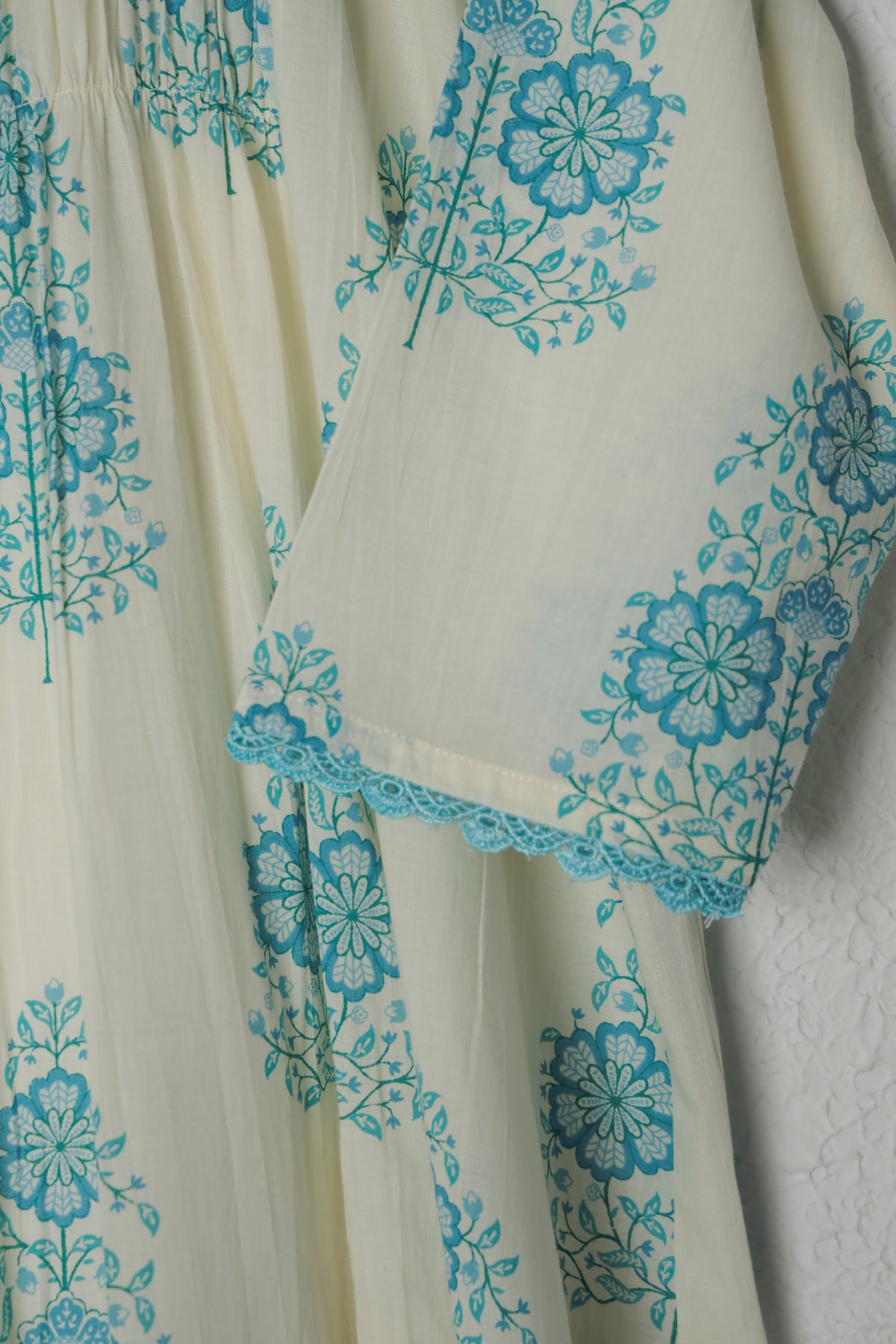 White and Blue Smocked Block Print Cotton Dress