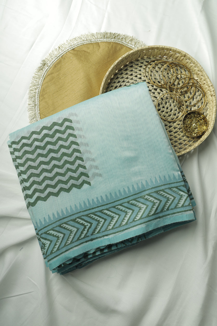 Light Green All-Over Print Chanderi Cotton Sari