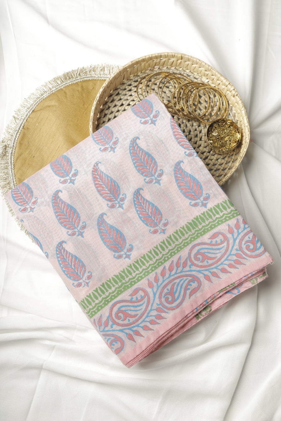 Light Pink and Ferozi All-Over Print Chanderi Cotton Sari