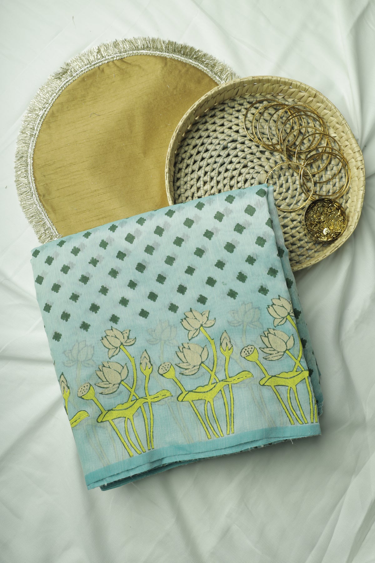 Light Pista Green All-Over Print Chanderi Cotton Sari