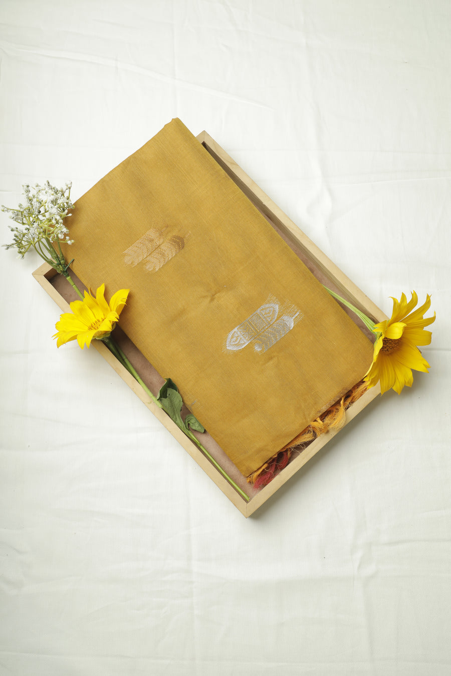 Mustard Yellow Zari Boti Loom Sari