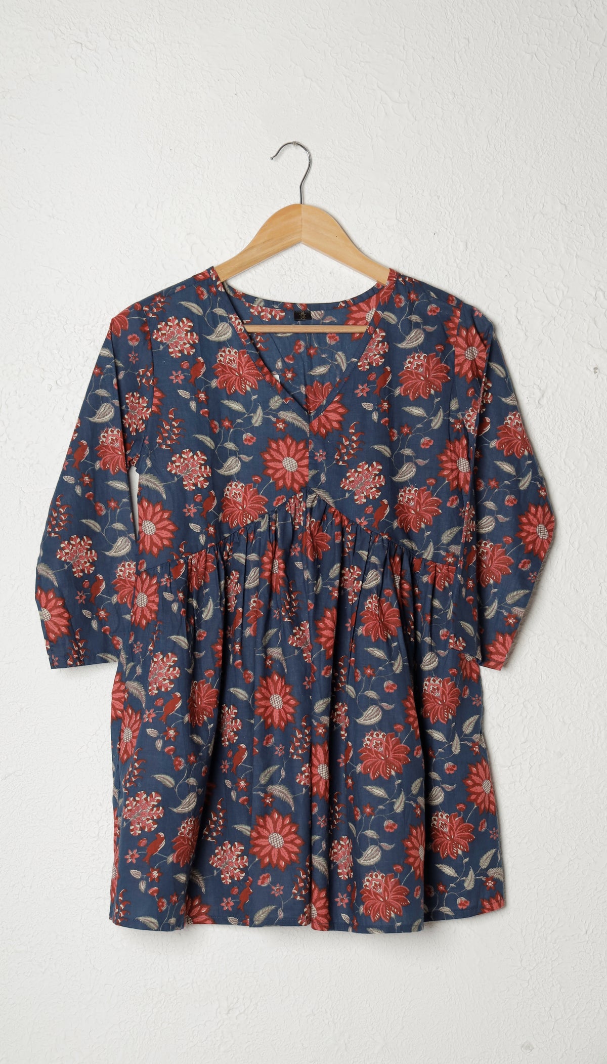 Navy Blue Block Print Cotton Peplum Top