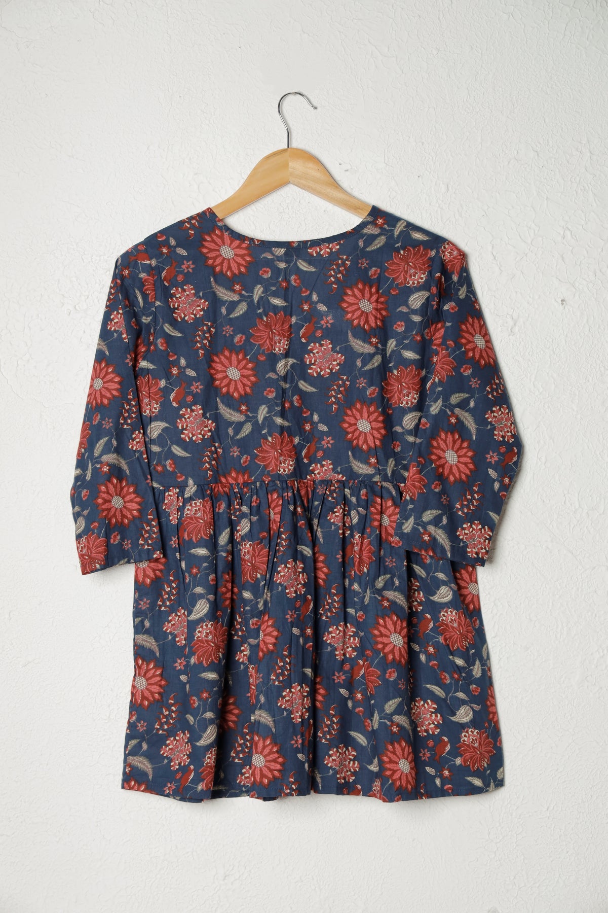 Navy Blue Block Print Cotton Peplum Top