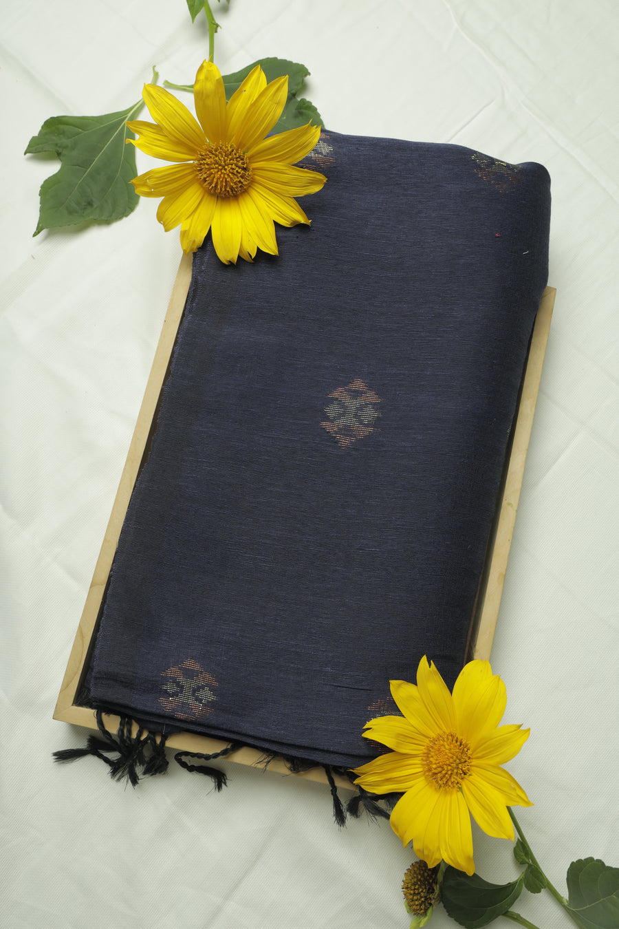 Navy Blue Linen Cotton Handloom Sari