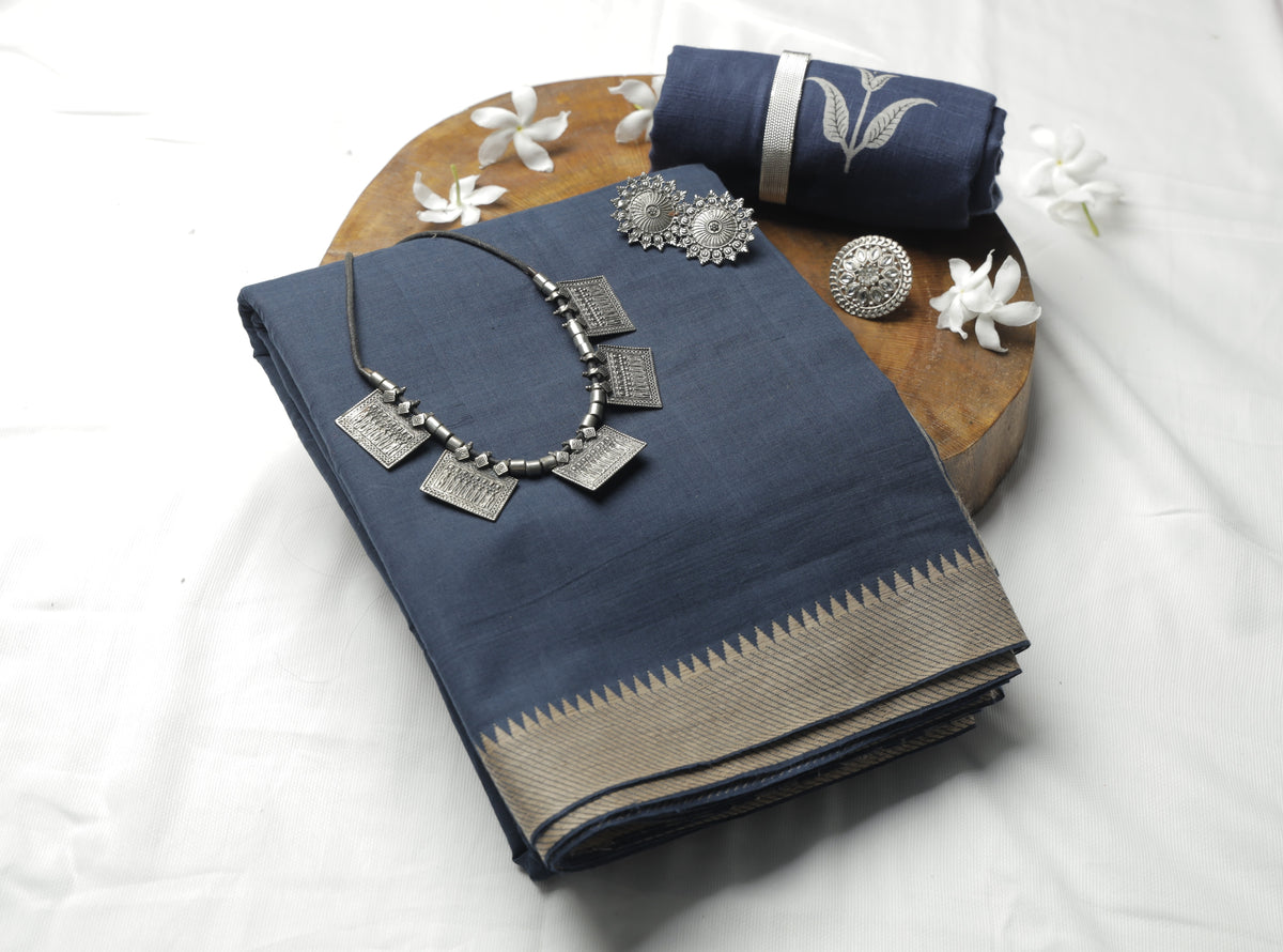 Navy Blue N Handloom Loom Sari
