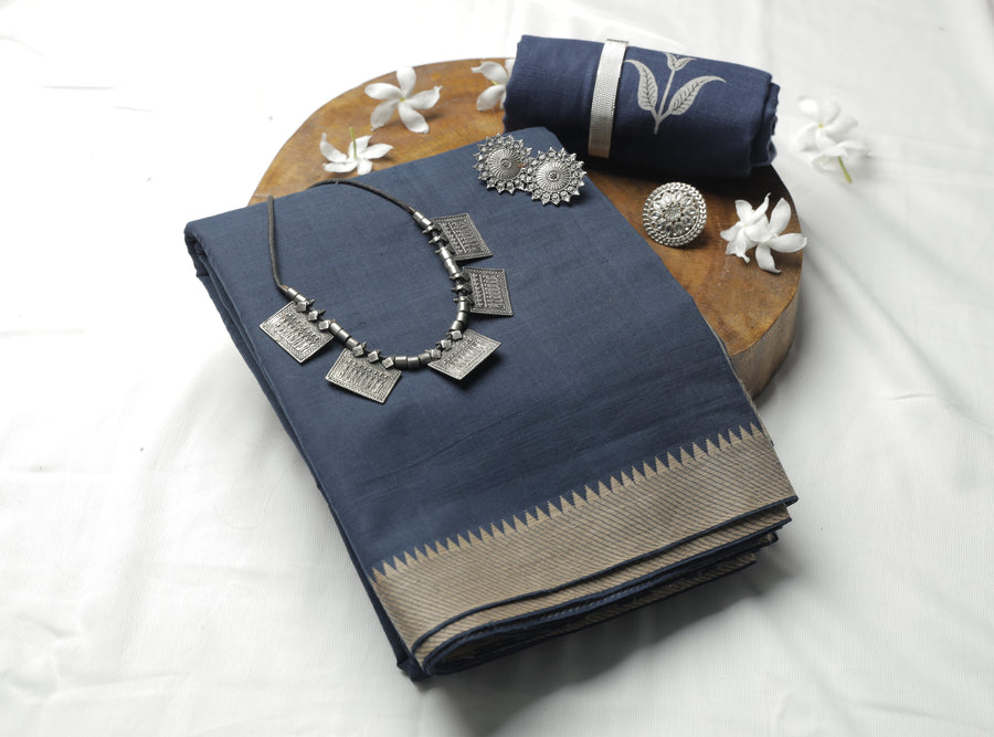 Navy Blue N Handloom Loom Sari