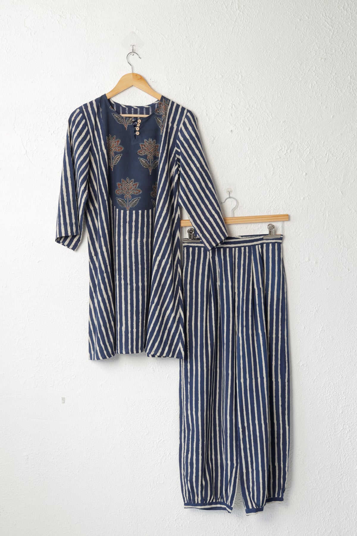 Navy Blue and White Striped Cotton Kurta Set with Block Printed Yoke