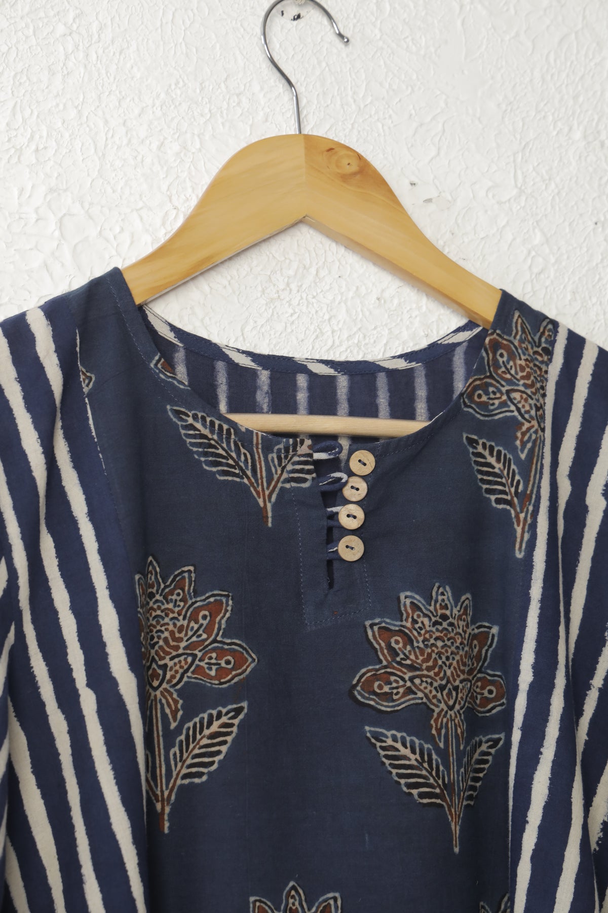Navy Blue and White Striped Cotton Kurta Set with Block Printed Yoke