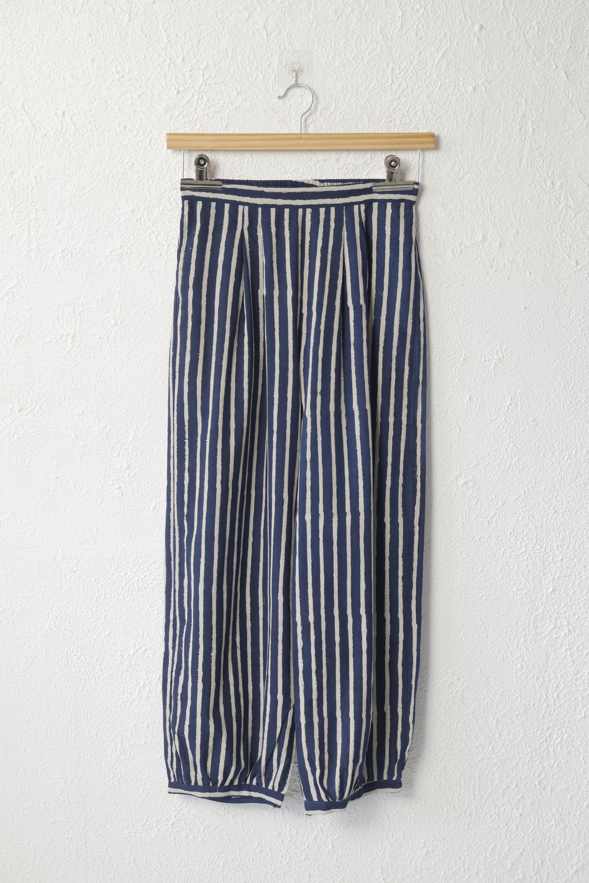 Navy Blue and White Striped Cotton Kurta Set with Block Printed Yoke