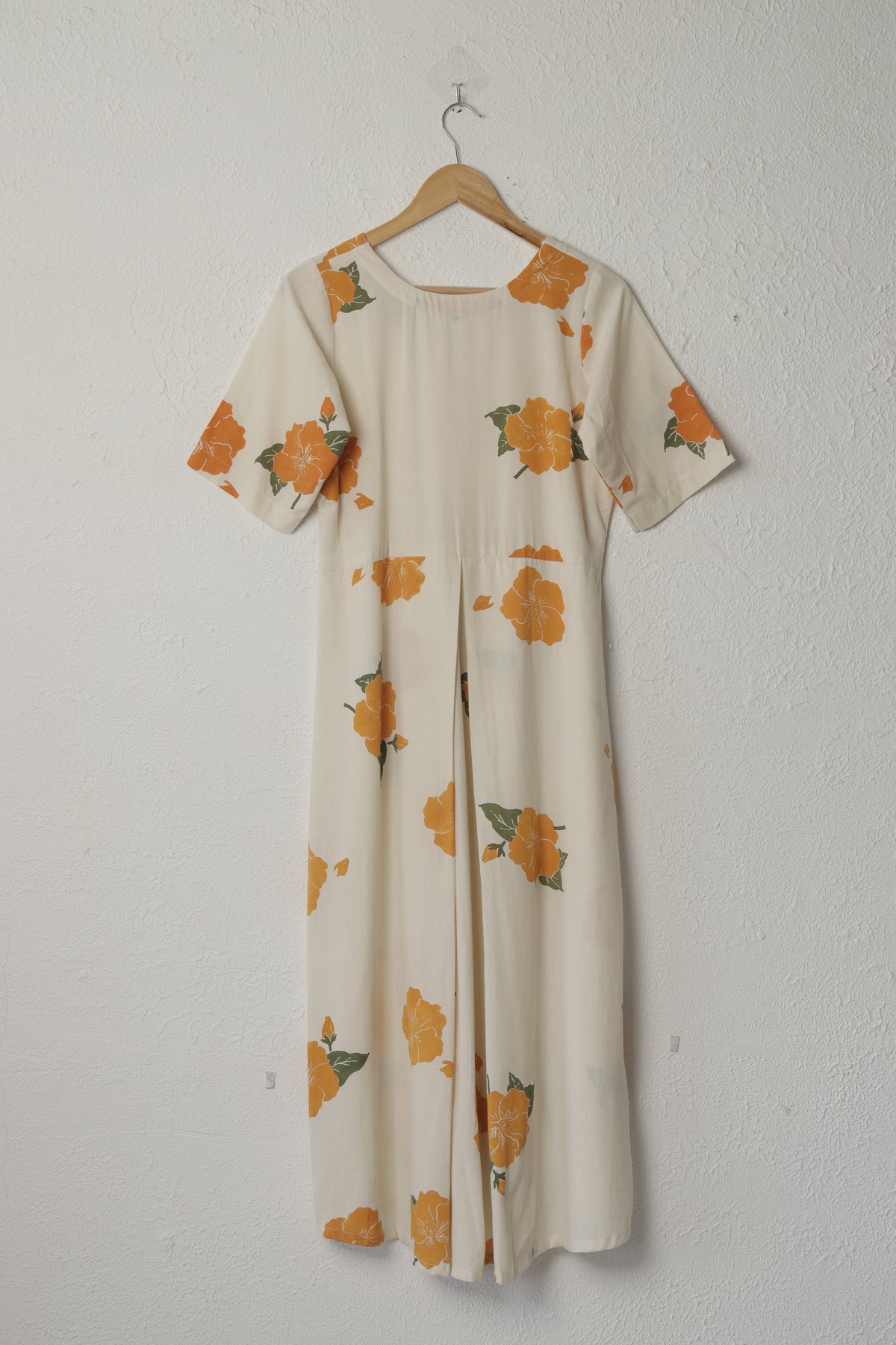 Off-White and Orange Hibiscus Print Box Pleat Khadi Dress