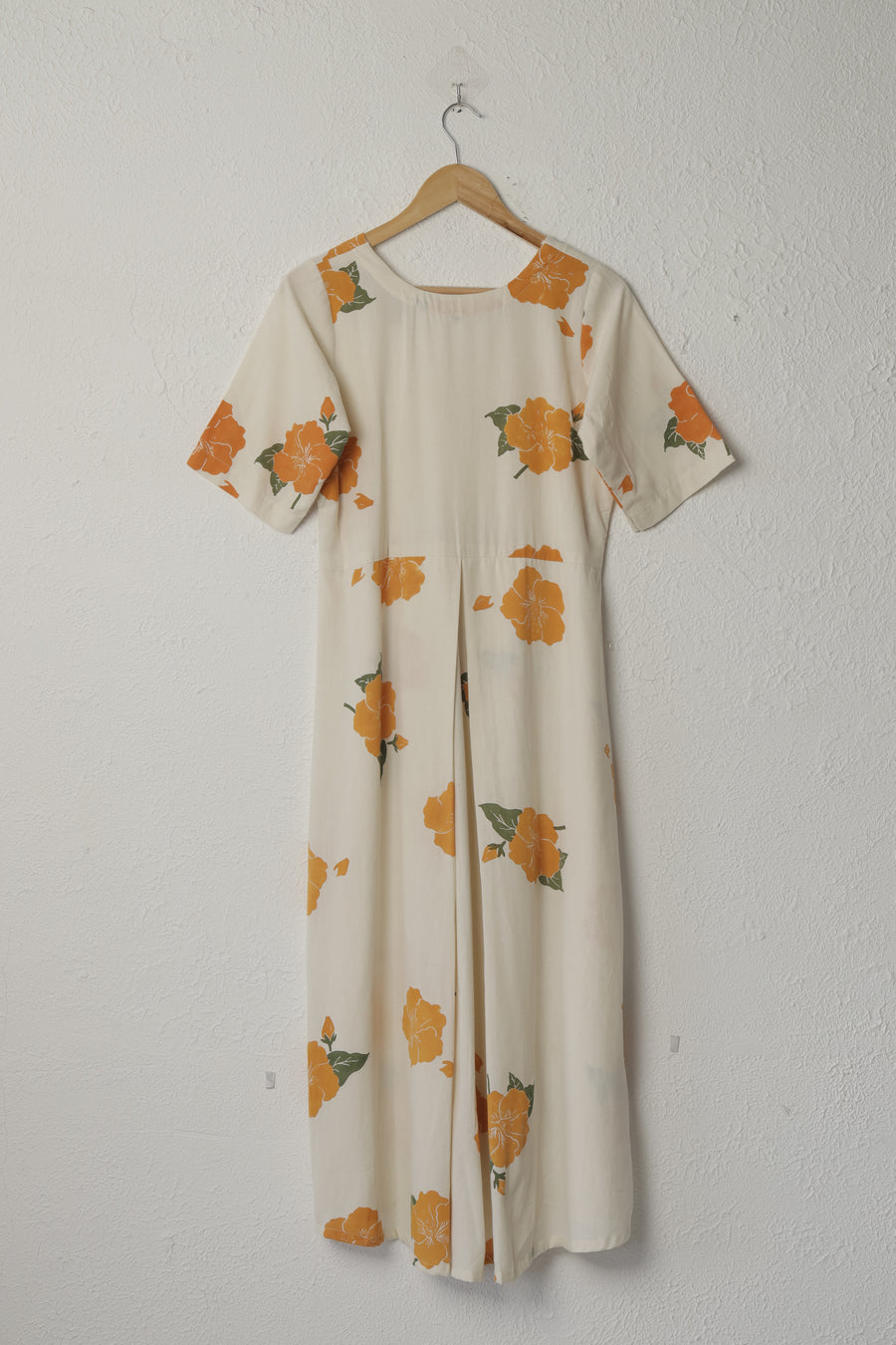 Off-White and Orange Hibiscus Print Box Pleat Khadi Dress
