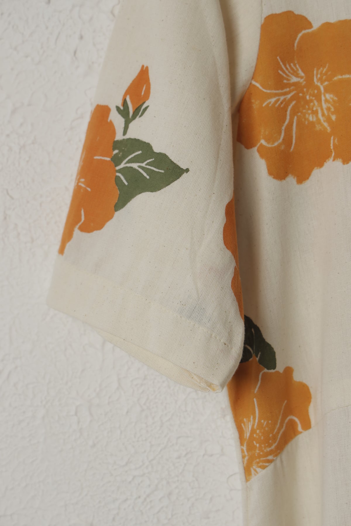 Off-White and Orange Hibiscus Print Box Pleat Khadi Dress