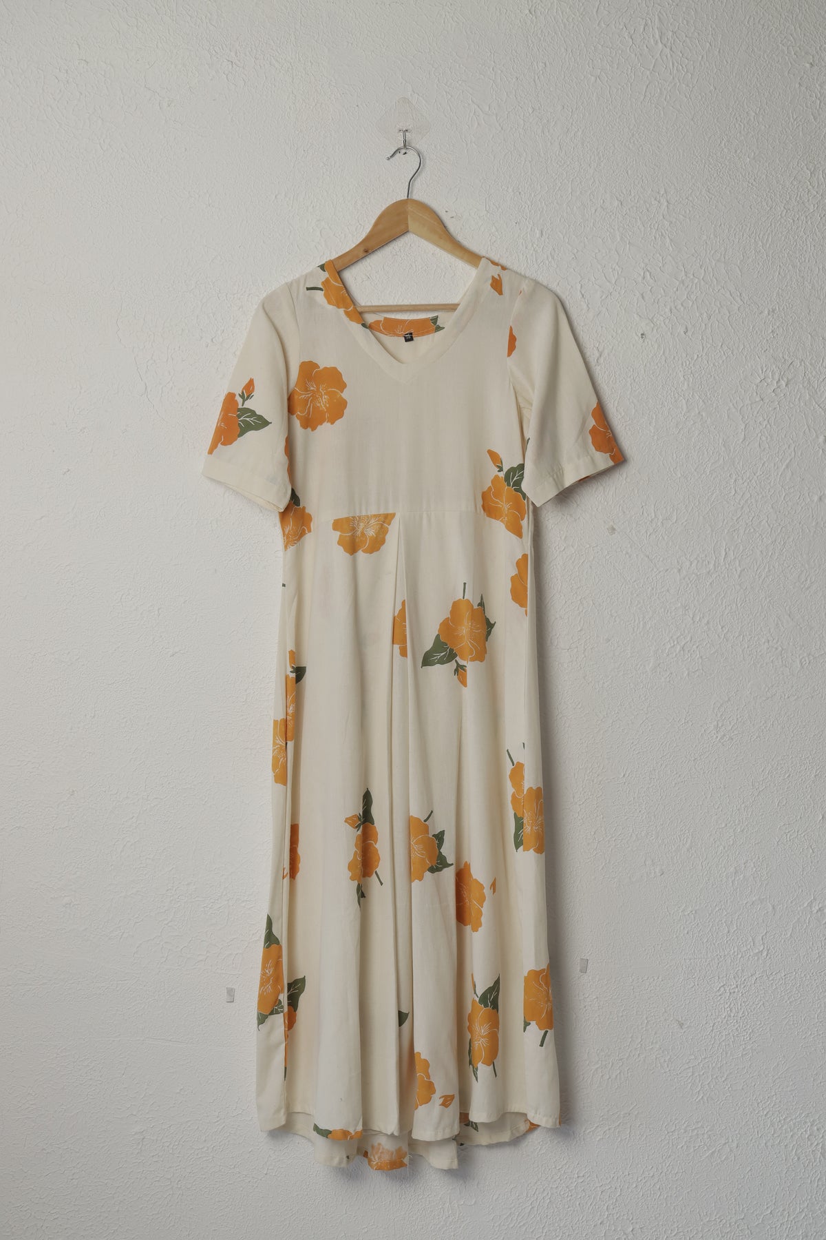 Off-White and Orange Hibiscus Print Box Pleat Khadi Dress