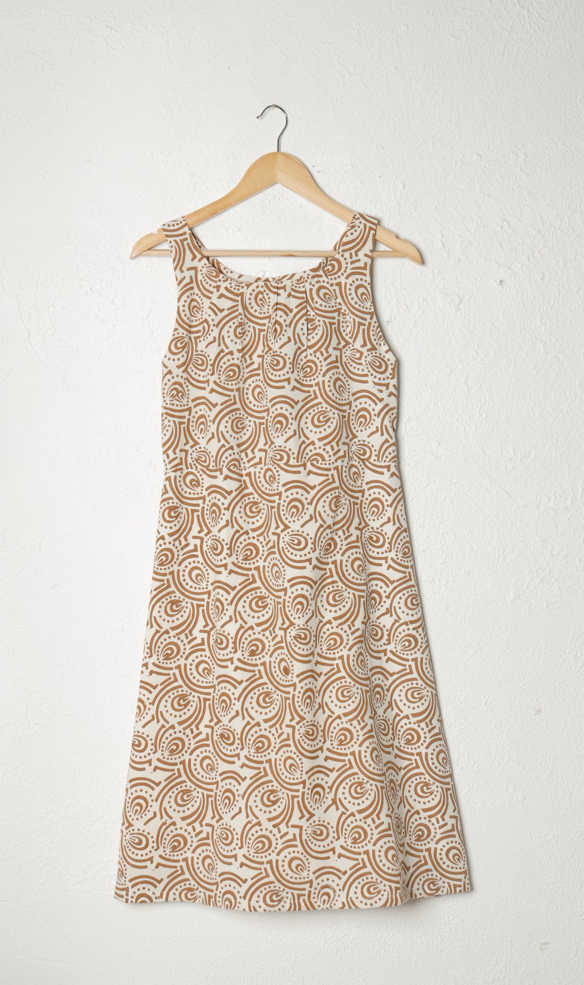 Off-White and Brown Sleeveless Block Print Khadi Dress
