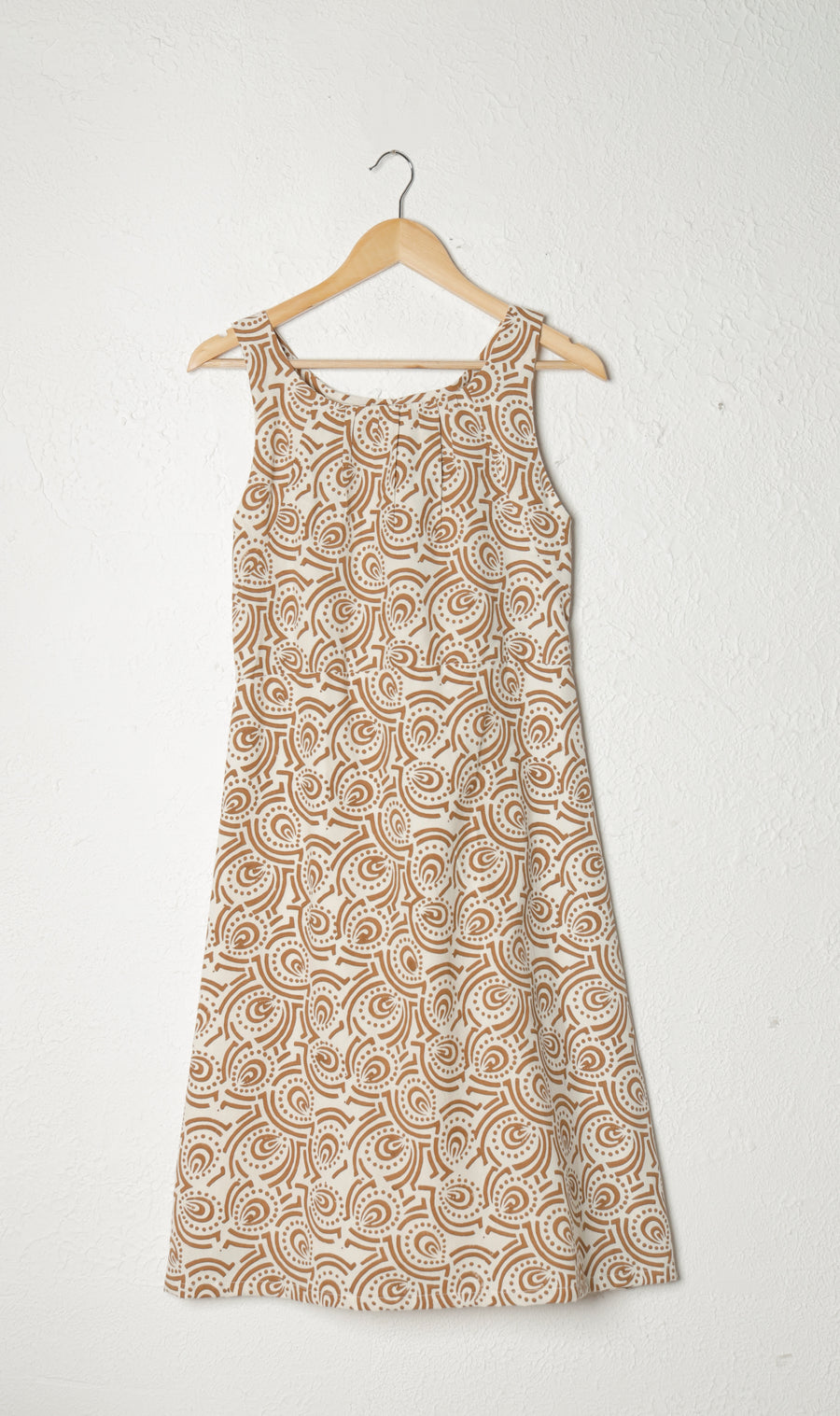 Off-White and Brown Sleeveless Block Print Khadi Dress
