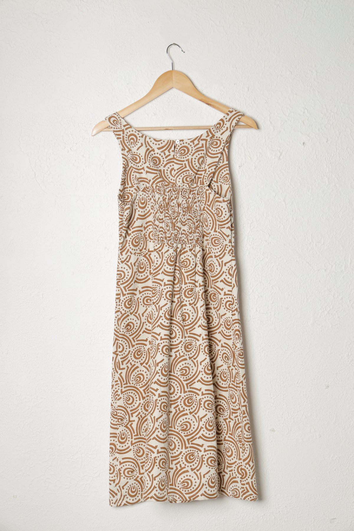 Off-White and Brown Sleeveless Block Print Khadi Dress